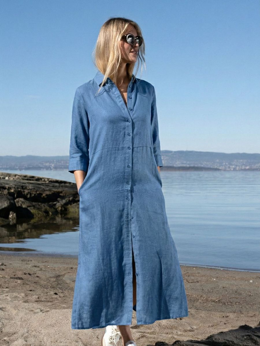 Close To My Heart Leila Midi Kjole 100% Lin i Washed Blue