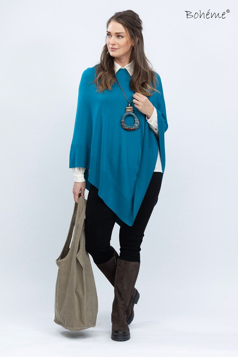 Boheme Poncho M/Rund Hals i 100% Merino Petrol Blue