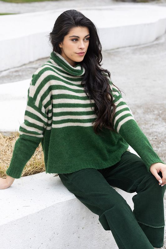 Boheme Stripet Ullgenser M/Krage i Forest Green