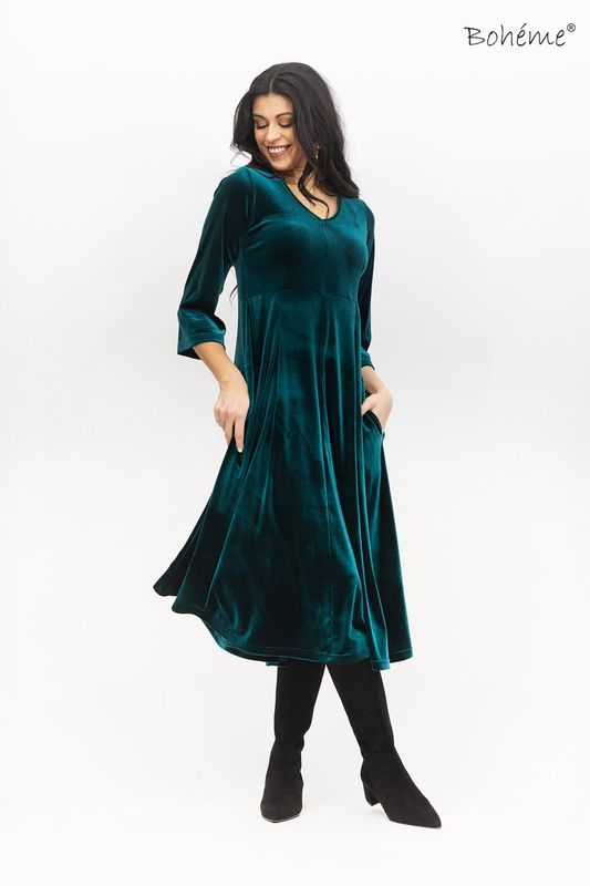 Boheme Kjole Lang A-Line i Velour Petrol
